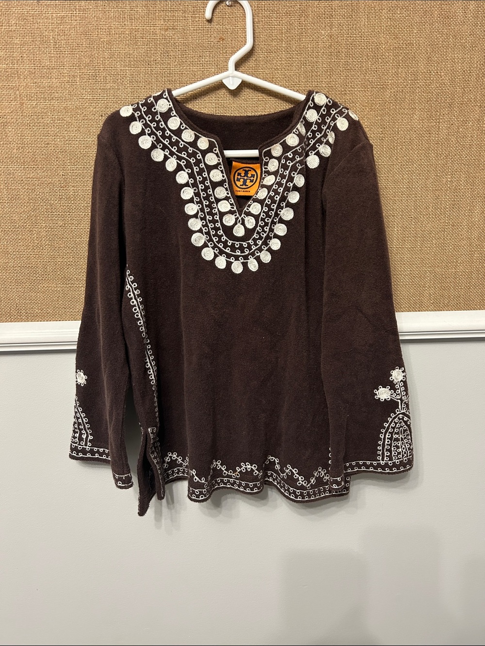 Tory Burch Chocolate Brown Tunic with White Embroidered Trim